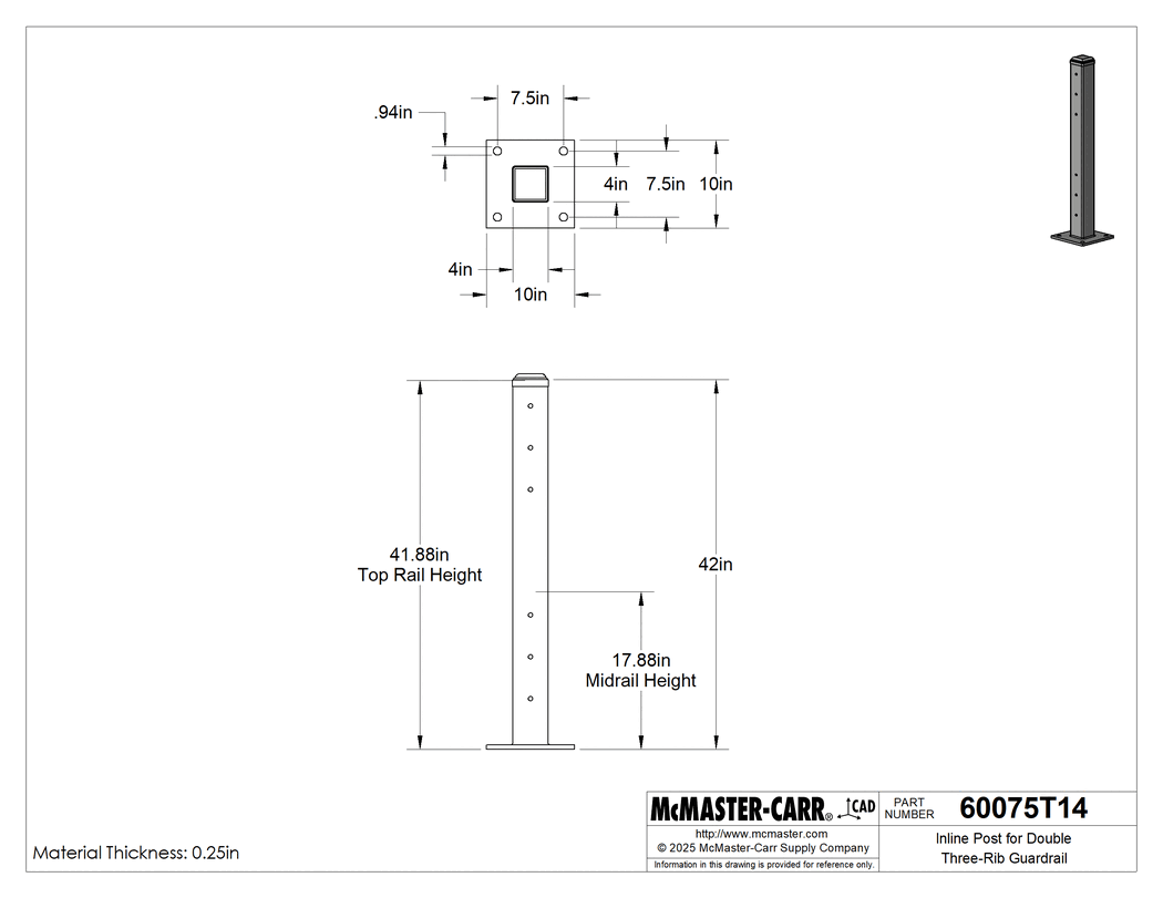 Technical Drawing of Inline Post for Double Three-Rib Guardrail.